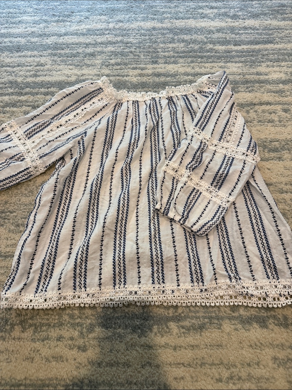THML White and Navy Striped Lace-Trim Peasant Top